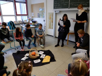 Religionspädagoginnen Gabriele Schecklmann und Michaela Sauer bringen den Schülern der Klassen 1 bis 3 das Brauchtum zum Erntedankfest näher
